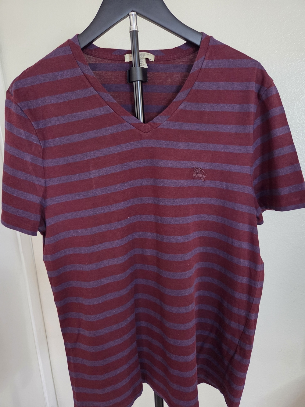 Burberry Men's Burgundy and Gray Striped V-Neck Tee